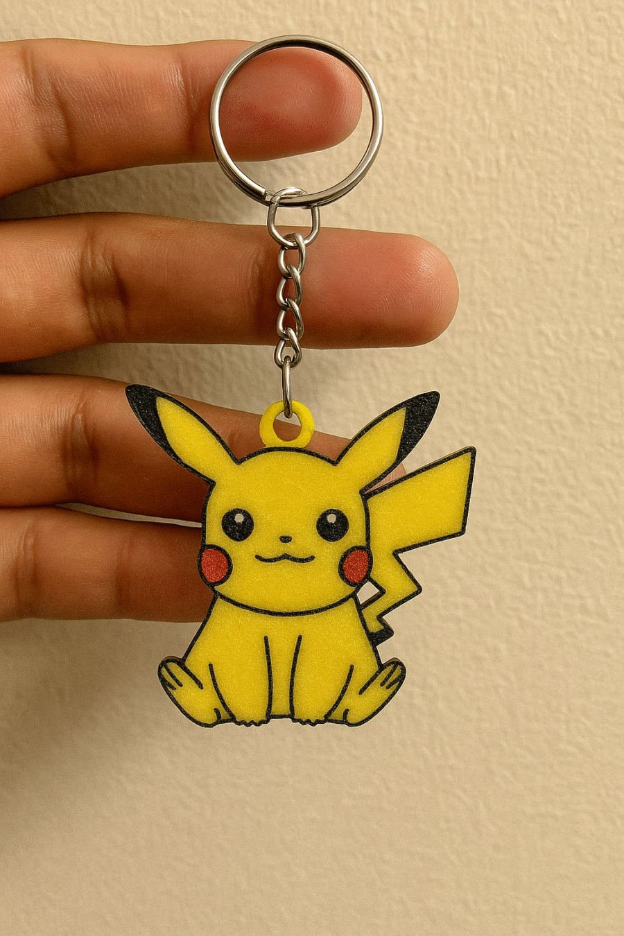 3D printed Pikachu keychain in a sitting pose, handmade collectible Pokémon accessory.
